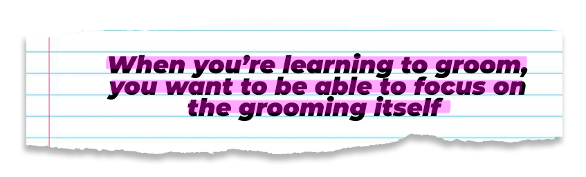 notebook with text "when you're learning to groom, you want to focus on the grooming itself"