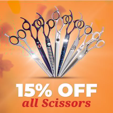 15% off Dog grooming scissors. Including brands like Kenchii, Chris Christensen, Geib and more