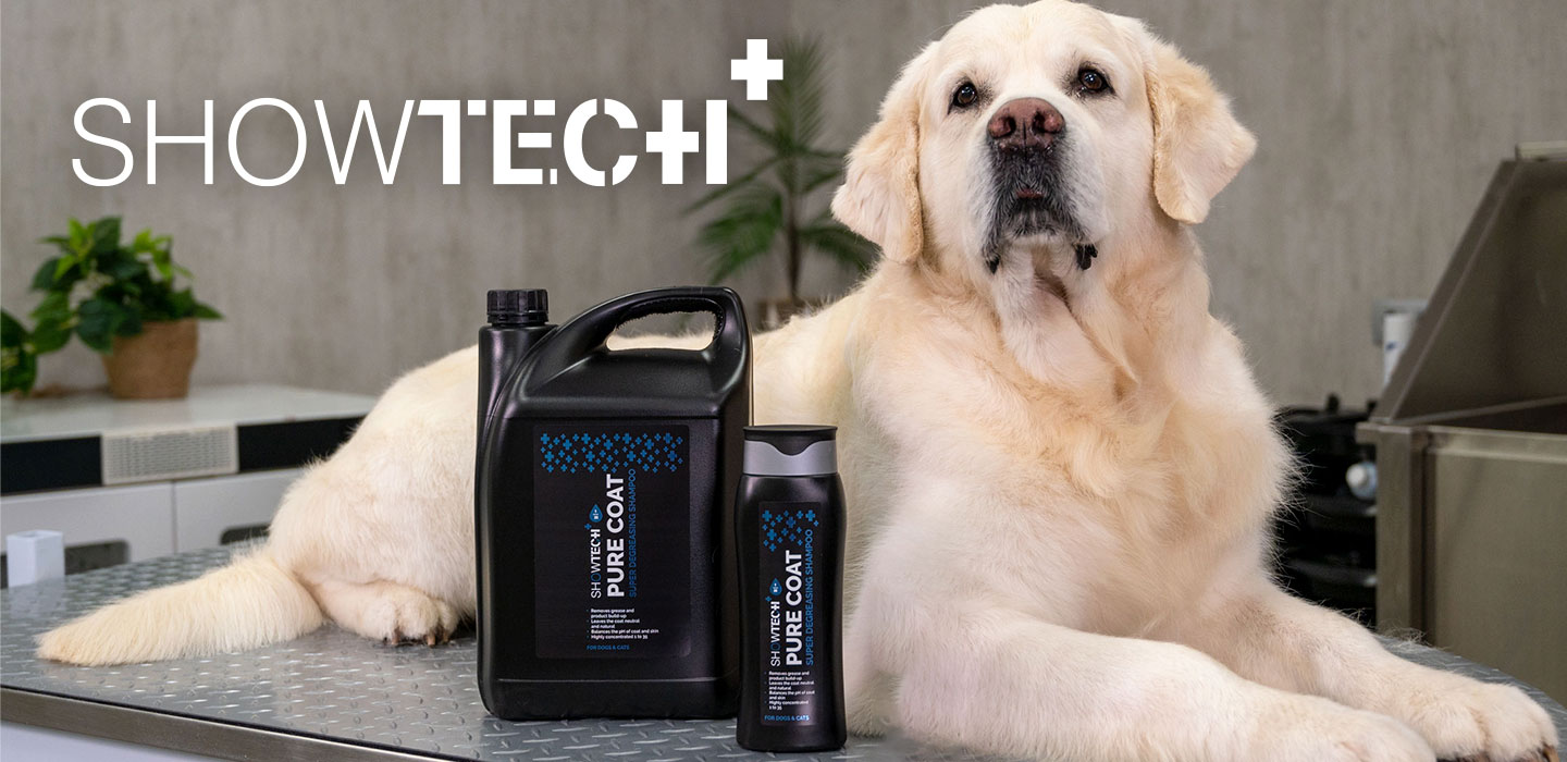 Show Tech+ Hero Image with golden labrador and shampoo products
