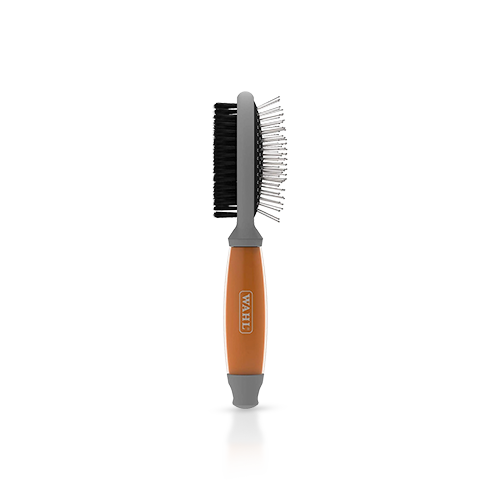Wahl Double Sided 2In1 Brush With Non-Slip Handle has metal ball pin bristles that remove loose hair, debris and tangles with a soft cushion that adjusts to the contours of your pet’s body. Soft nylon bristles remove loose hair and stimulate the natural oils in the coat. 