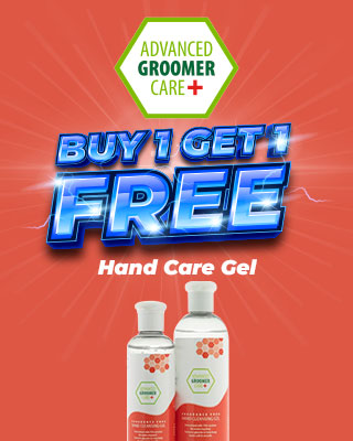 Promotional poster to illustrate buy 1 get 1 free for the product Advanced Groomer Care + hand care gel Lightning Deal 