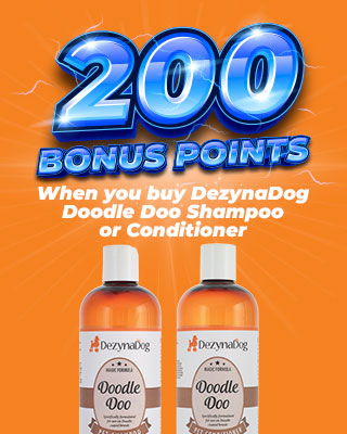 Promotional poster to illustrate 200 bonus paw points when purchasing DezynaDog Doodle doo Shampoo or Conditioner Lightning Deal 