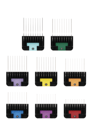 Andis 8-teiliges federbelastetes, farbbeschichtetes Aufsteckkamm-Set aus Edelstahl