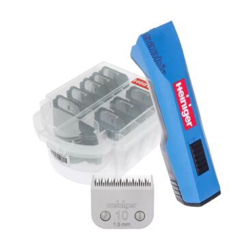 Heiniger Saphir Kabellose Hundeschermaschine Blau (mit No.10 Scherkopf) mit Heiniger 9 Stk. Aufsteckkamm-Set