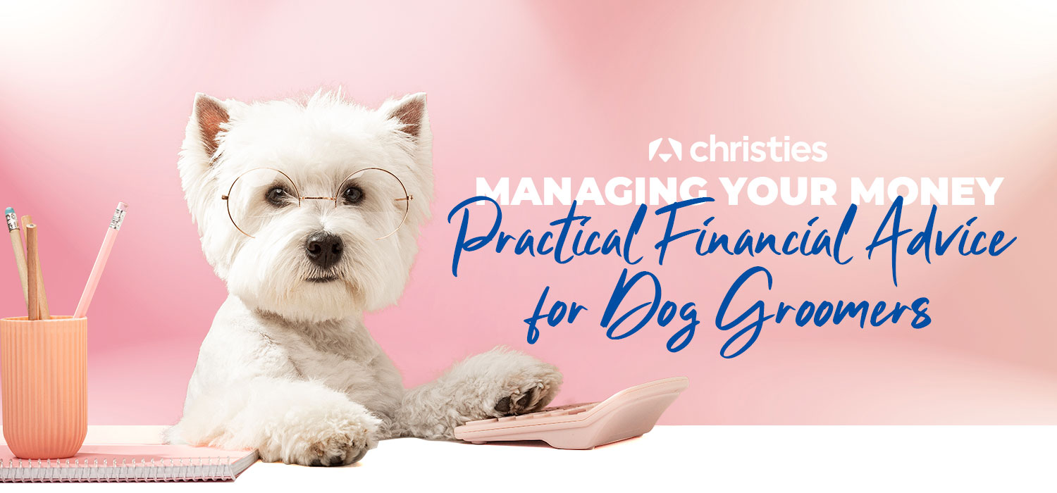 Dog at a desk with stationery and a calculator accompanied by the title of the blog post